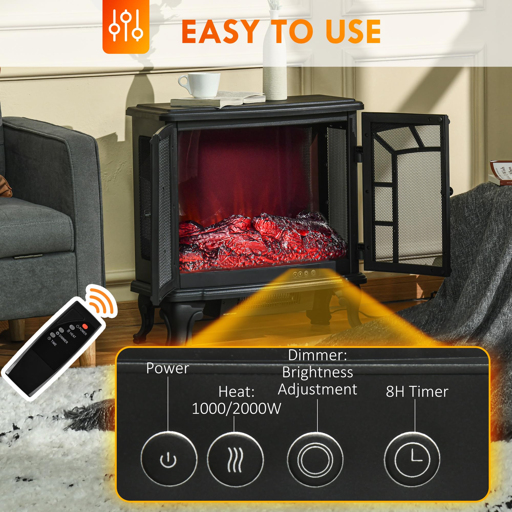 Fireplace Stove with Realistic LED Flames and Logs