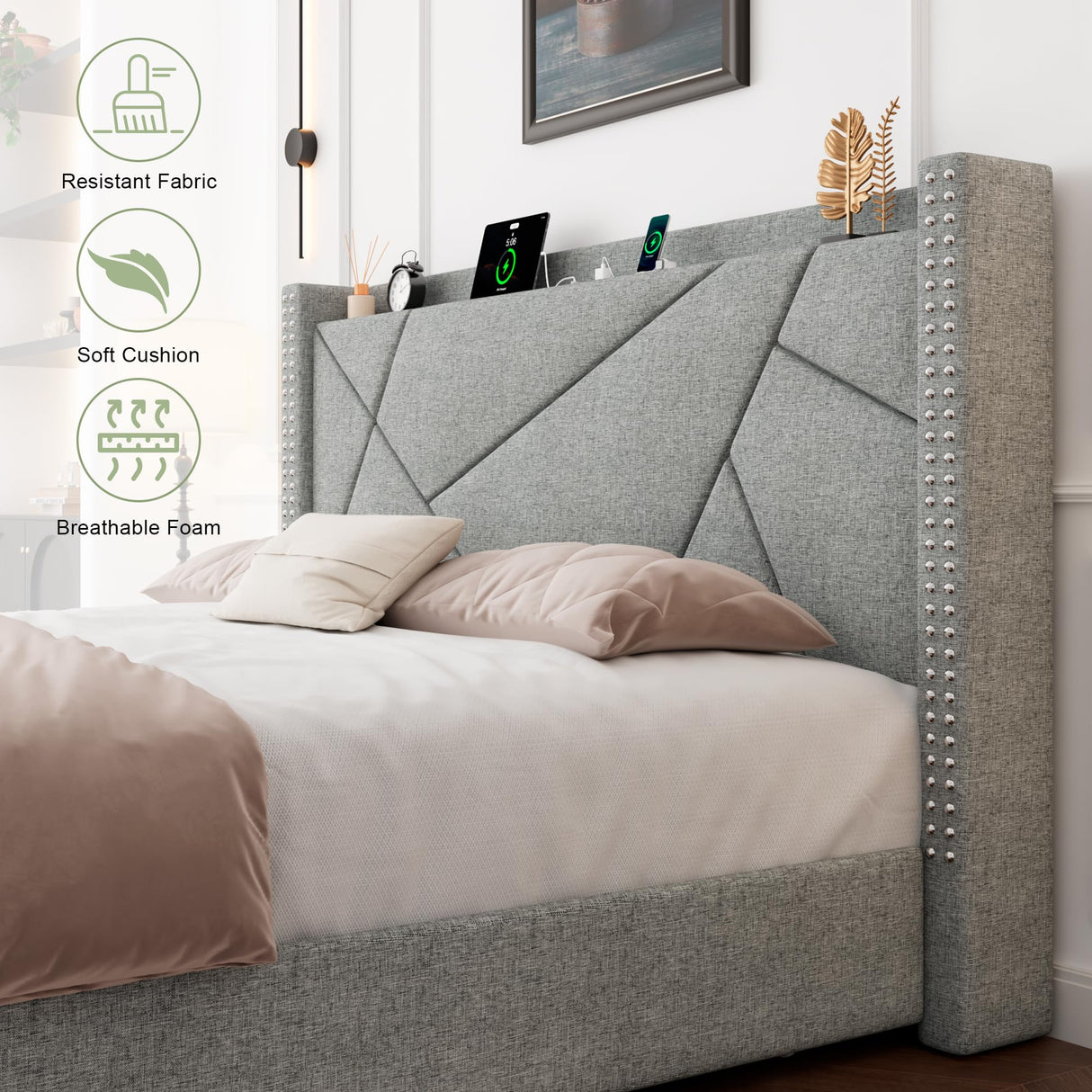 Queen Bed Frame with 4 Storage Drawers, Upholstered Platform Bed Frame