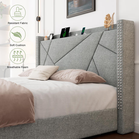 Queen Bed Frame with 4 Storage Drawers, Upholstered Platform Bed Frame