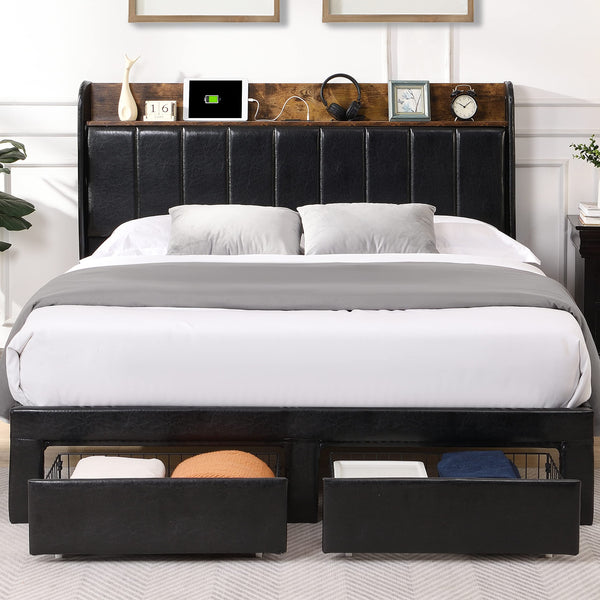 Upholstered Bed Frame King Size with Headboard, Platform King Bed Frame