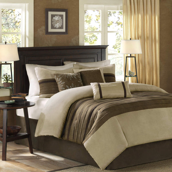 Palmer Comforter Set-Luxury Faux Suede Design, Striped Accent, All Season Down Alternative Bedding