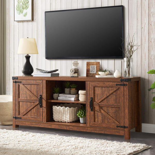 TV Stand for 75 Inch TV, Farmhouse TV Console Table with Barn Door Cabinets