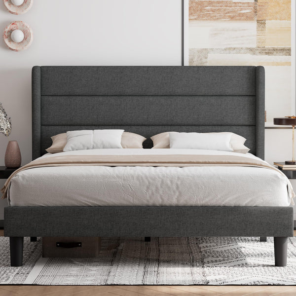 Queen Bed Frame, Upholstered Platform Bed Wingback, Wood Slats Support