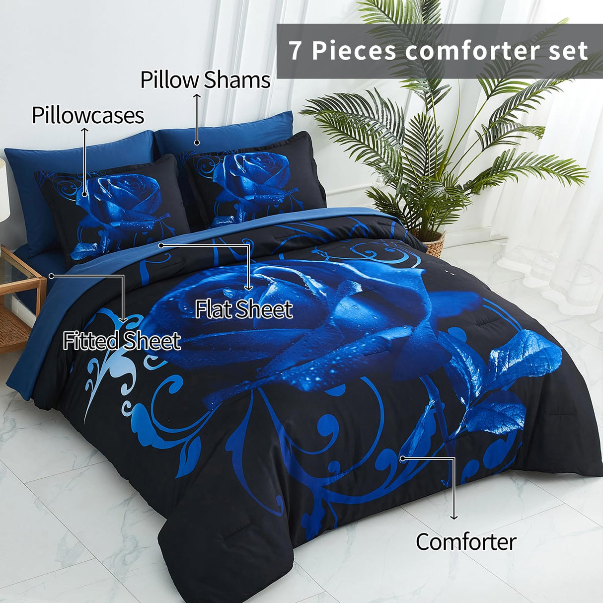 Blue Comforter Set 7 Piece Bed in a Bag Blue Rose Comforter