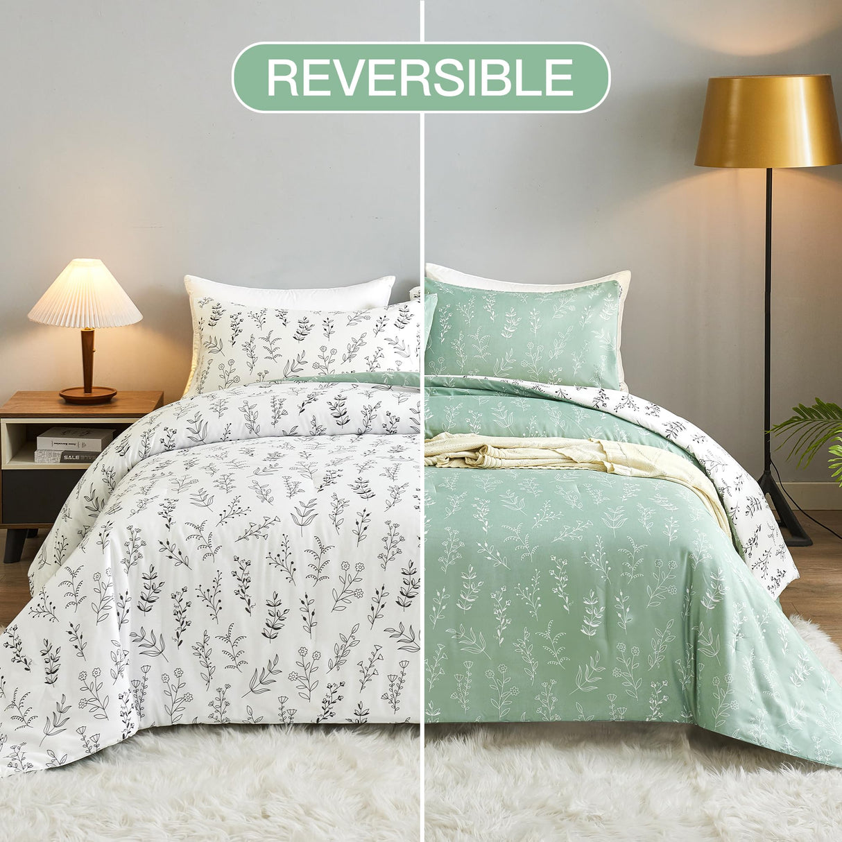 3 Pieces Reversible Cute Floral Bedding Comforter Sets Sage Green