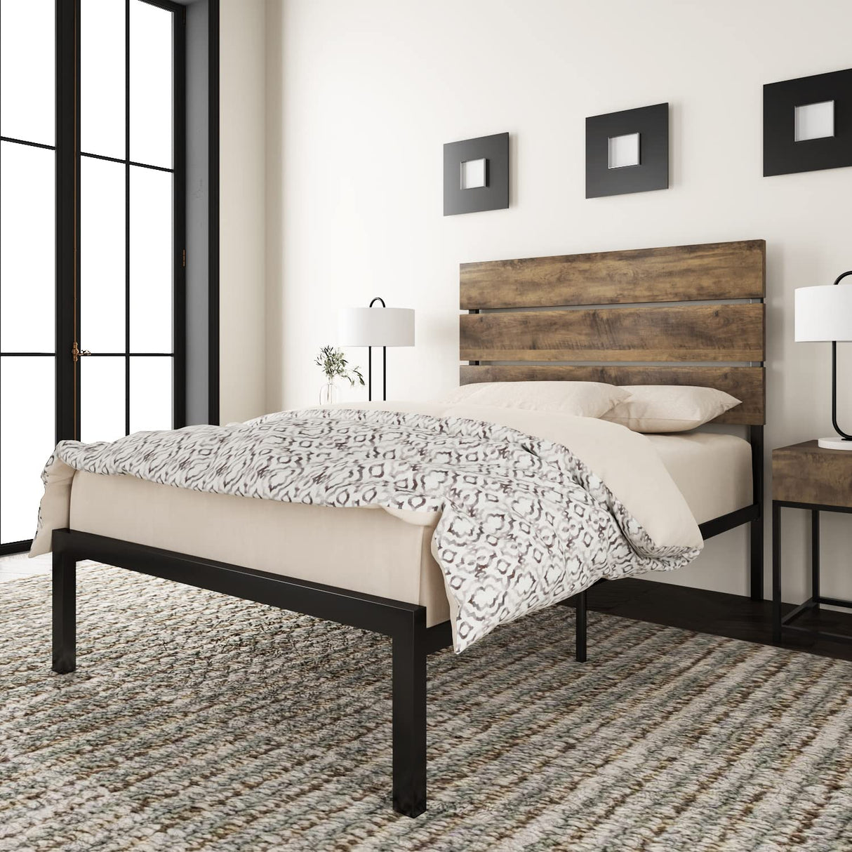 Twin Size Platform Bed Frame with Wooden headboard and Metal Slats/Rustic Country