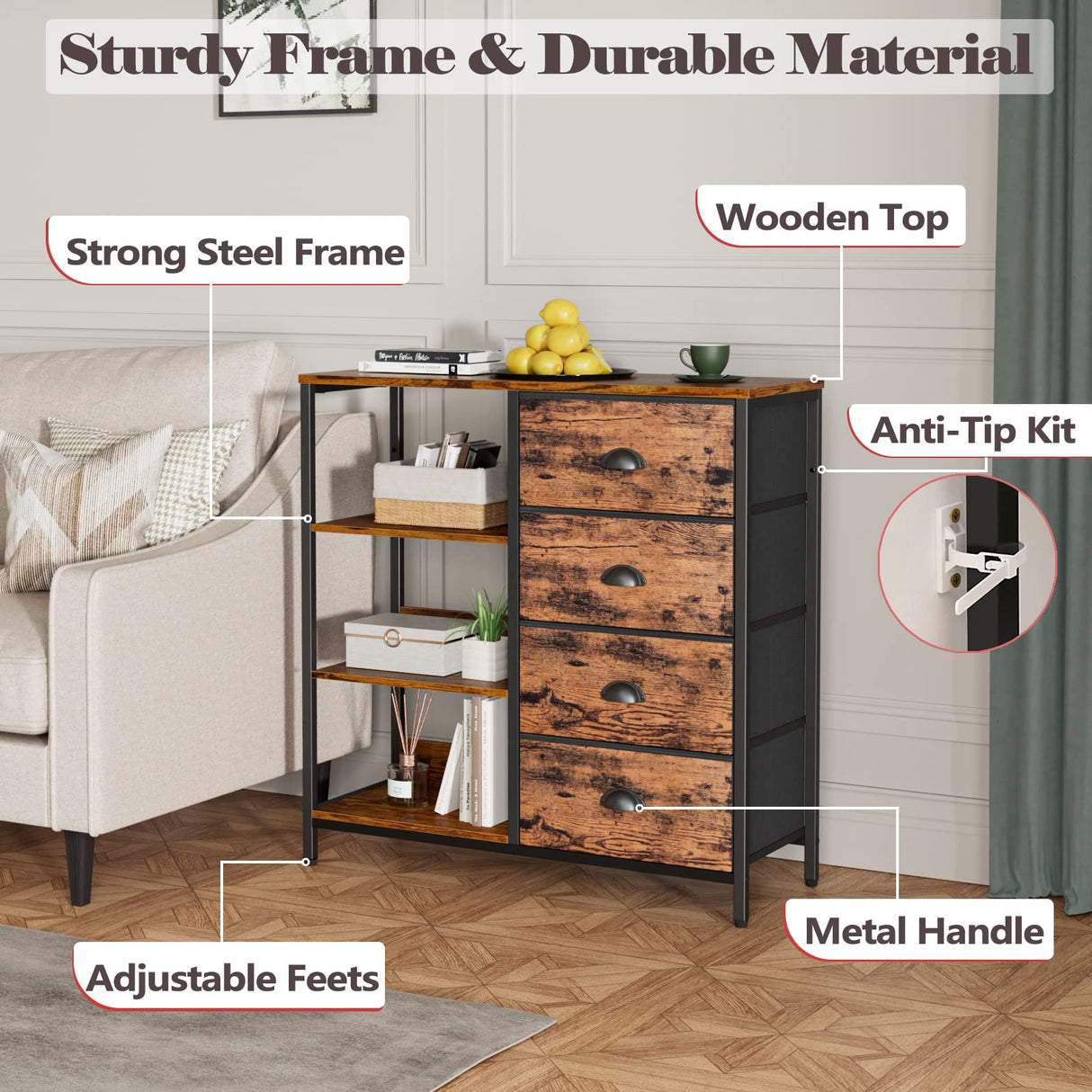 Fabric Dresser with 4 Drawers and Side Shelf,Industrial Lightweight Storage Unit Organizer