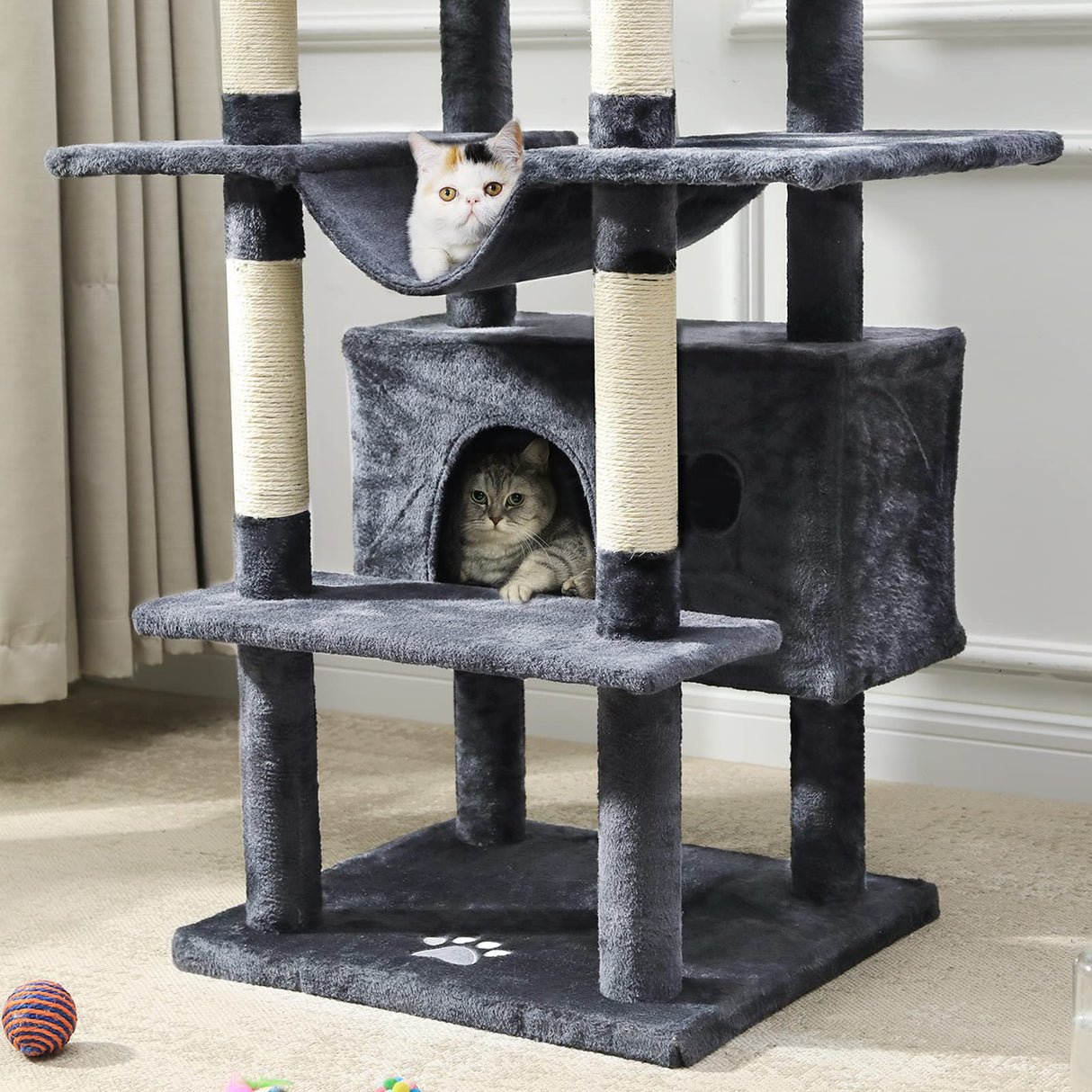 67" Large Cat Tree, Multi-Level Cat Tower with 3 Top Perches, 2 High Plush Condos