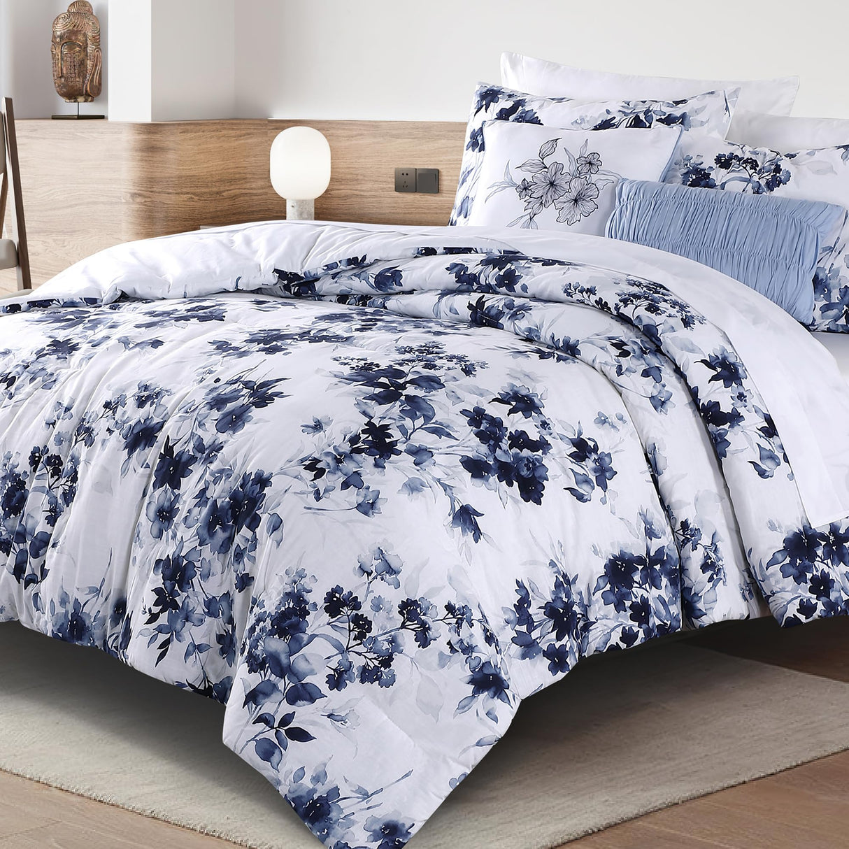 Cotton Comforter Set Queen Size, 5 Pieces Navy Blue and White Queen Floral Comforter