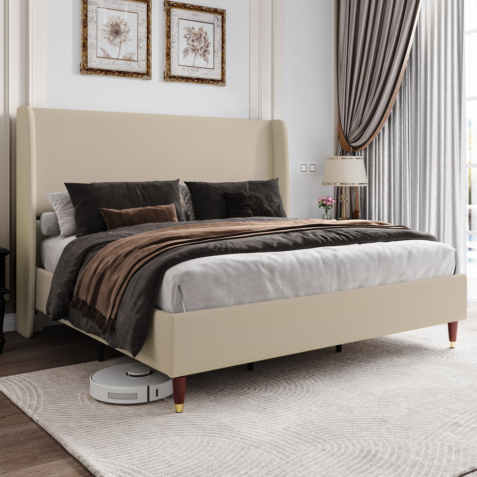 Queen Bed Frame Upholstered Bed 51.2" High Platform Bed