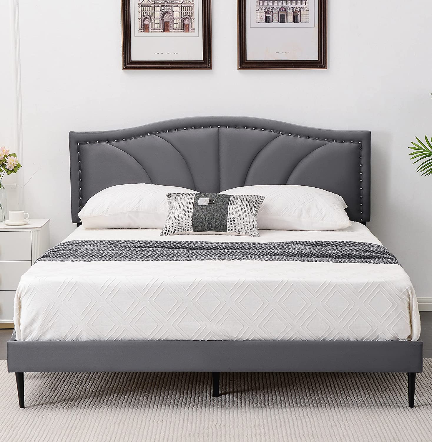 King Size Bed Frame Velvet Upholstered Platform Bed with Decorative Line & Nailhead