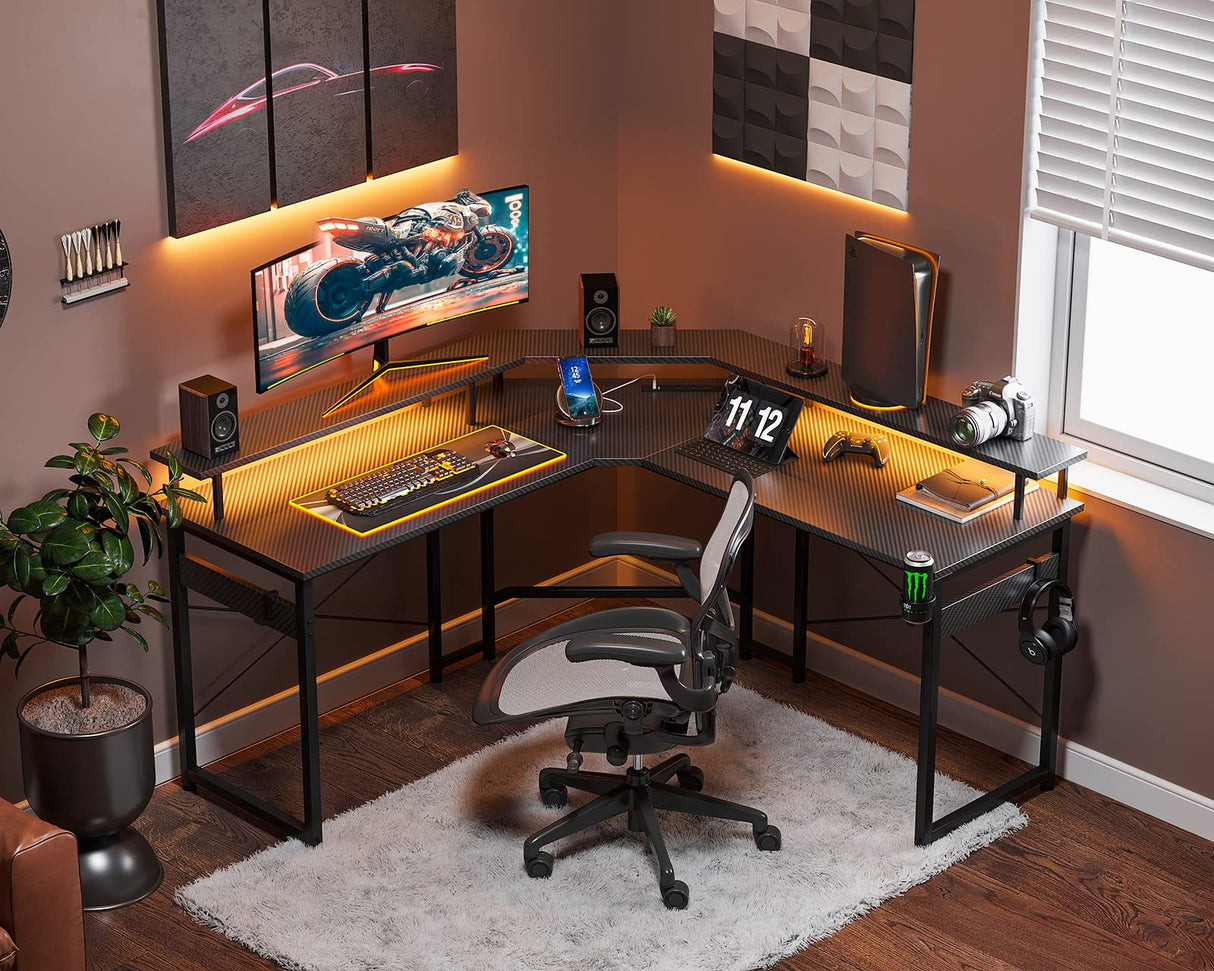 L Shaped Gaming Desk with LED Lights & Power Outlets, 51" Computer Desk