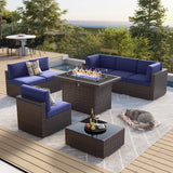 8 Pieces Outdoor Patio Furniture Set with 44" Fire Pit Table Brown Rattan