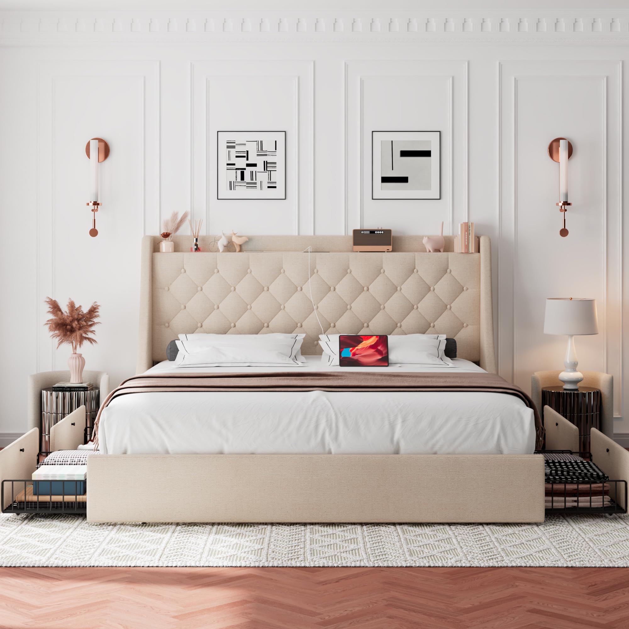 Queen Bed Frame with 4 Storage Drawers, Upholstered Platform Bed Frame with Type-C