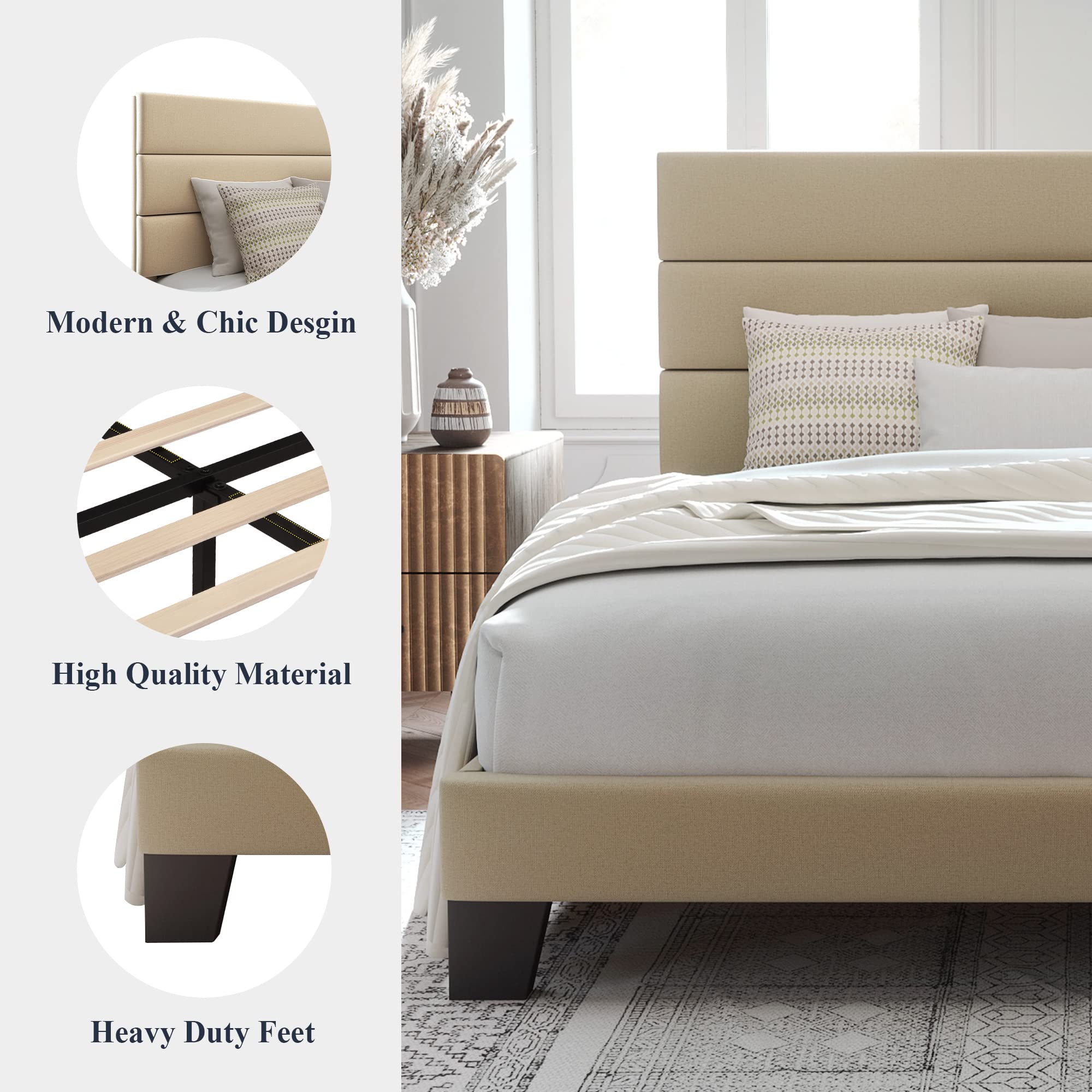 Full Size Platform Bed Frame with Fabric Upholstered Headboard