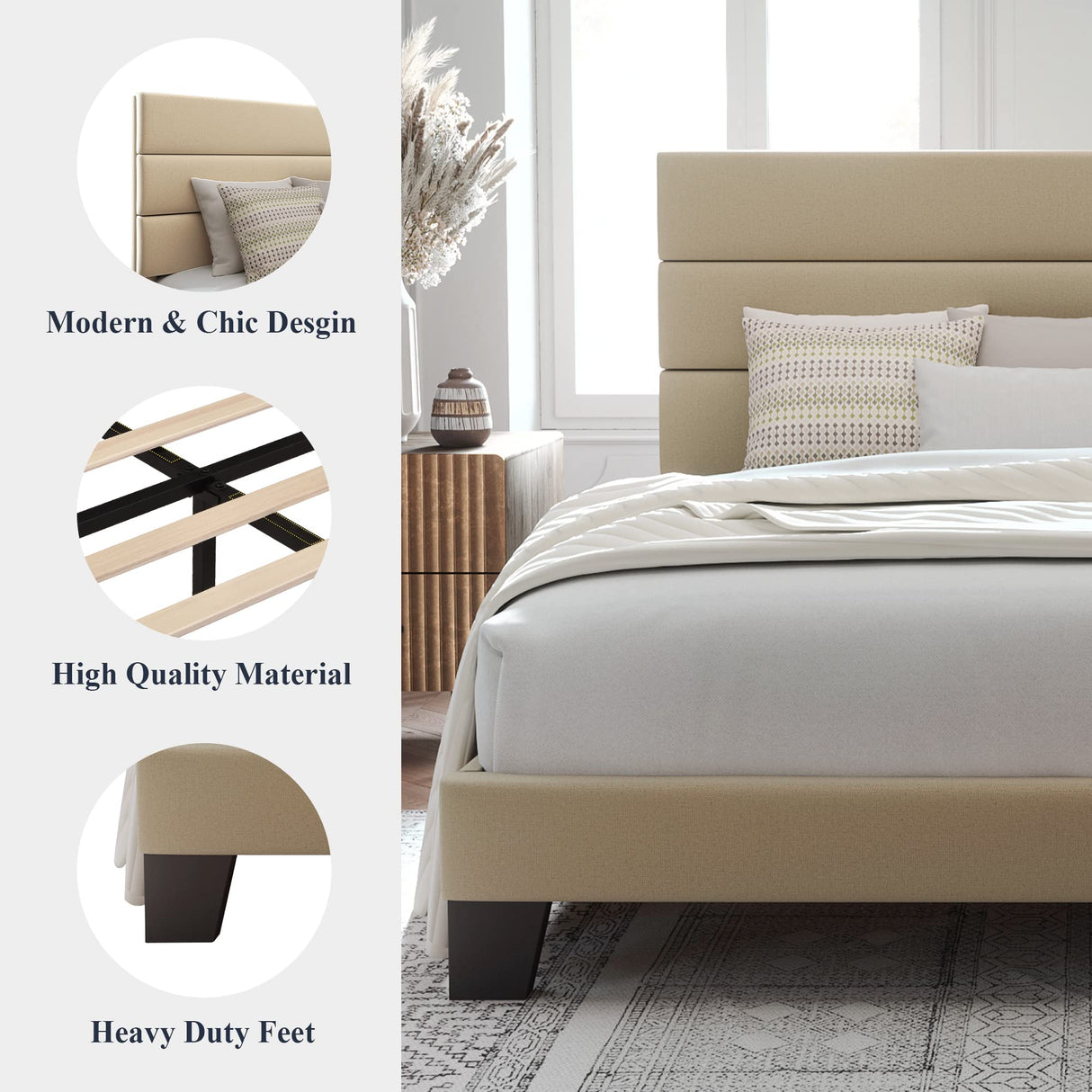 Queen Size Platform Bed Frame with Fabric Upholstered Headboard