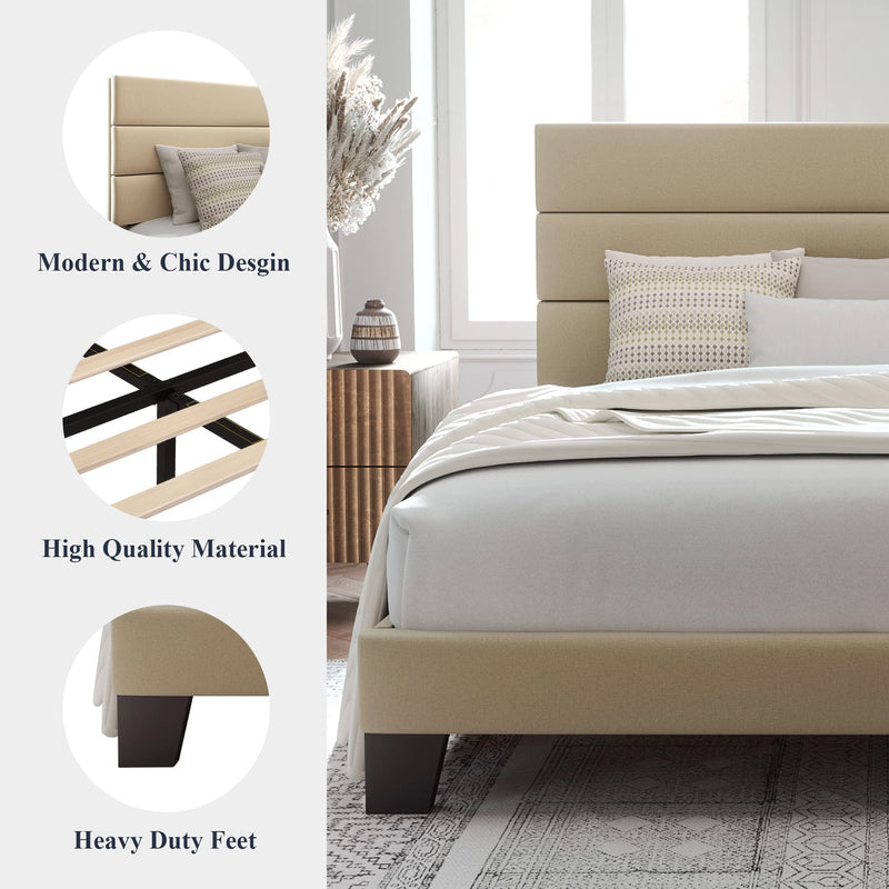 Queen Size Platform Bed Frame with Fabric Upholstered Headboard and Wooden Slats Support