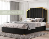 King Size Bed Frame and 65" Headboard, Upholstered Bed with Golden Plating Trim