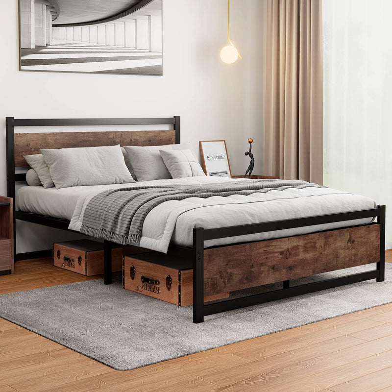 King Size Bed Frame with Wooden Headboard, Heavy Duty Metal Platform Bed Frame