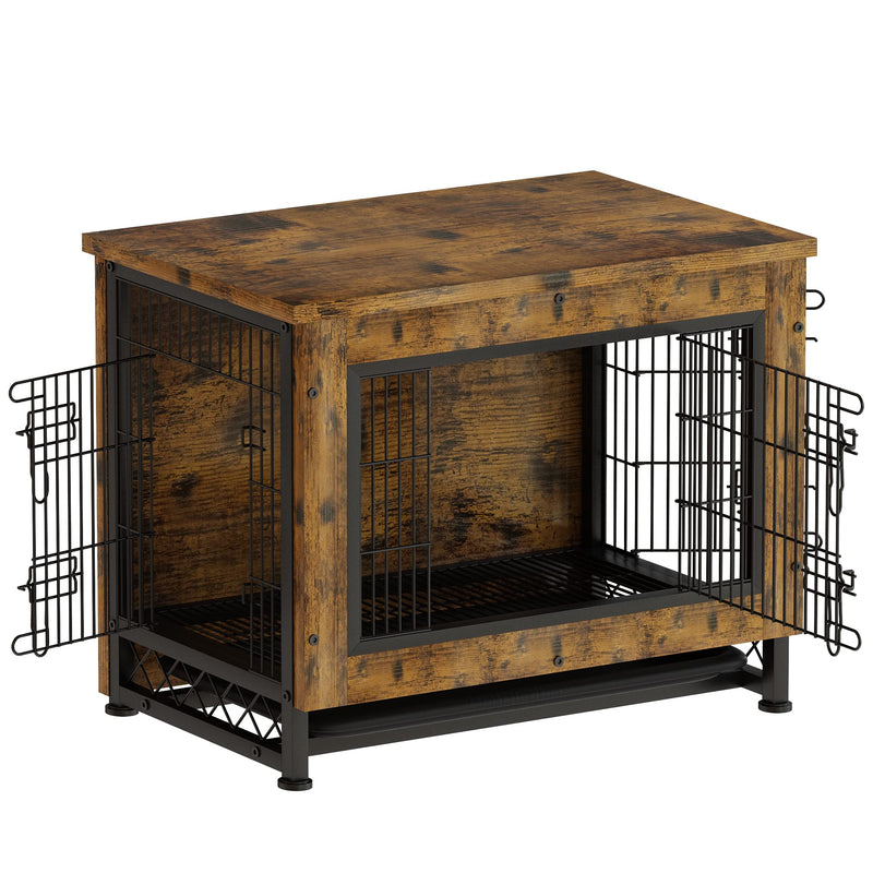 Wooden Dog Crate Furniture with 3 Doors, Dog Crate End Table with Tray