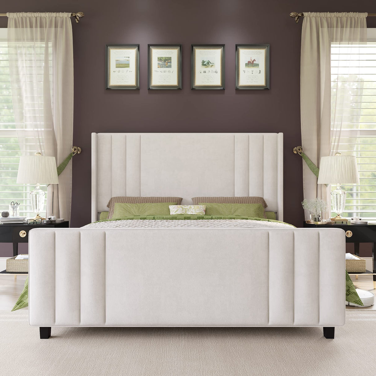 King Size Bed Frame, Velvet Upholstered Platform Bed with Vertical Channel Tufted