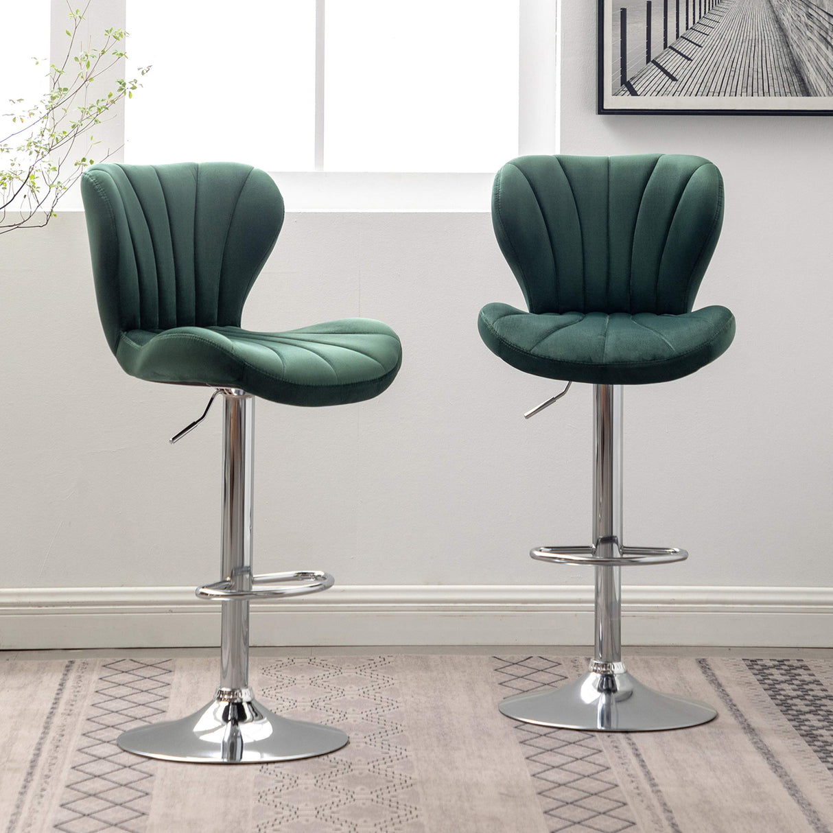 Ellston Velvet Adjustable Swivel Barstools, Set of 2, Green