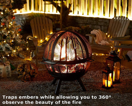 5 Inch Fire Pit Sphere, Wood Burning Flaming Ball FirePit Spark Screen