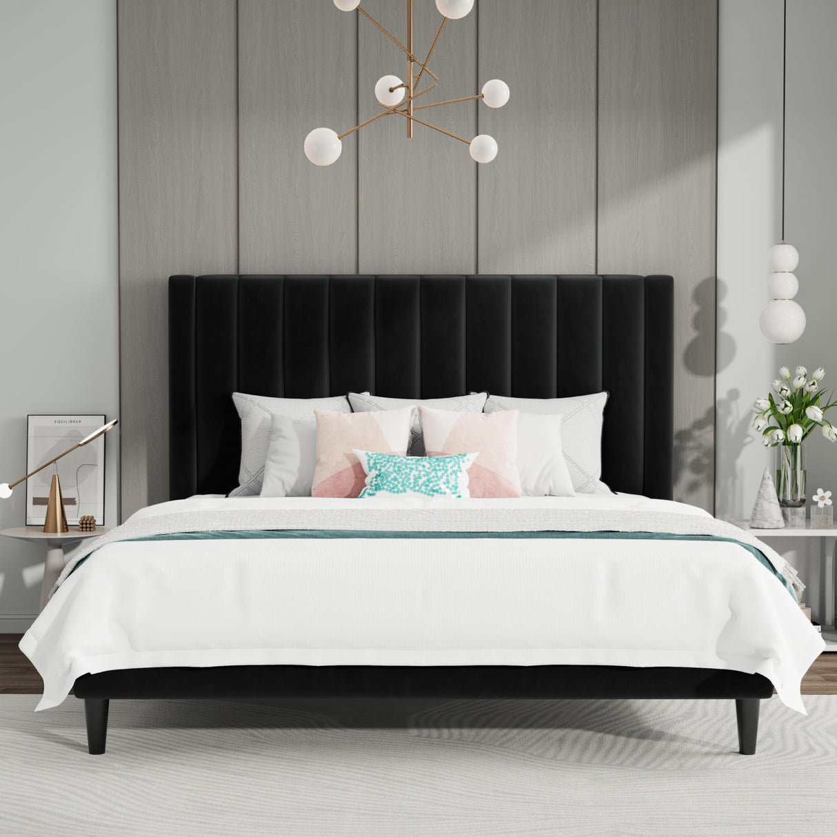 Queen Bed Frame/Velvet Upholstered Platform Bed Frame with Headboard/Strong Wood