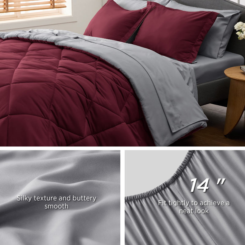 Burgundy Queen Comforter Set - 7 Pieces Reversible Queen Bed in a Bag Queen Bed Set