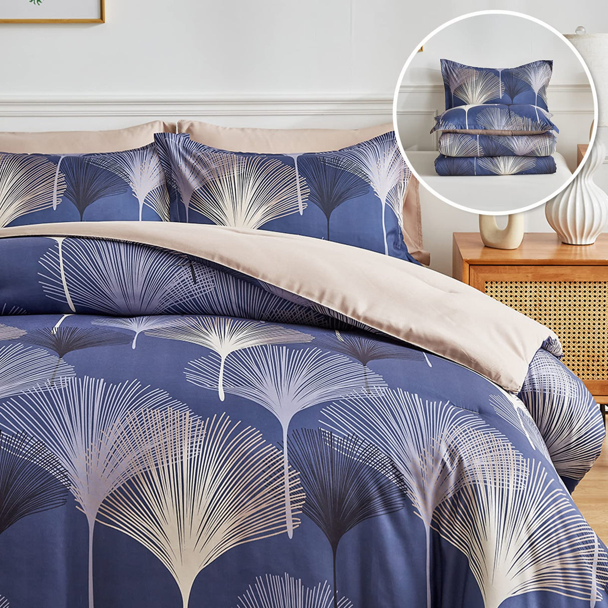 Navy Leaf Comforter Set King(91'' x 102'') Size Whole Piece Filling Light Weight Comforter