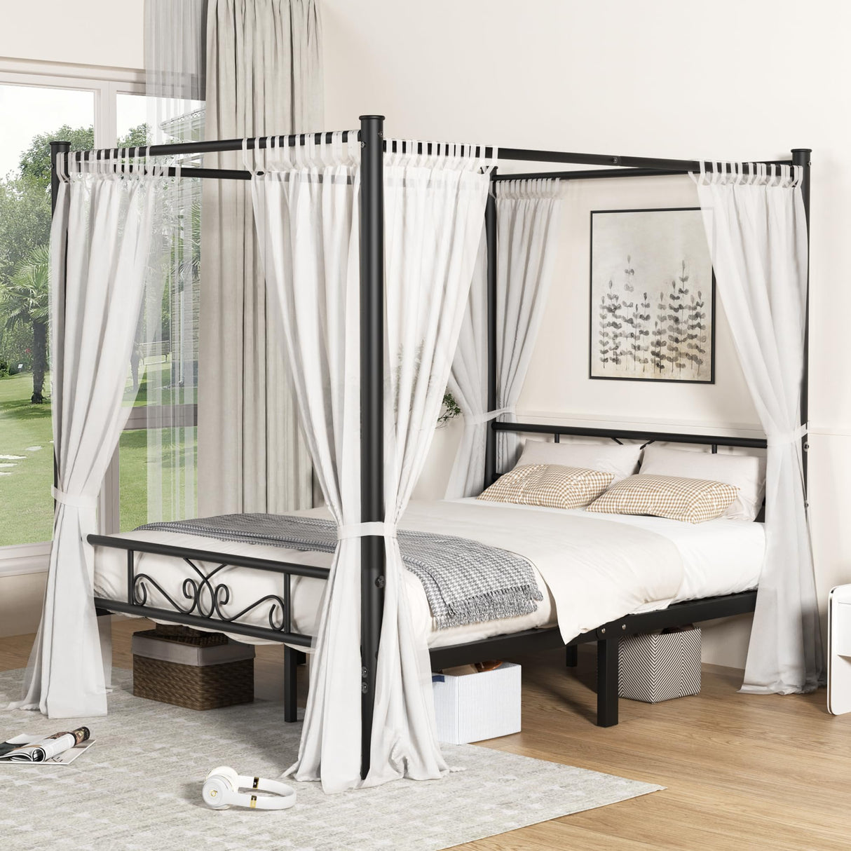 Metal Canopy Bed Frame Full Size, Four-Poster Canopied Platform Bed with Headboard