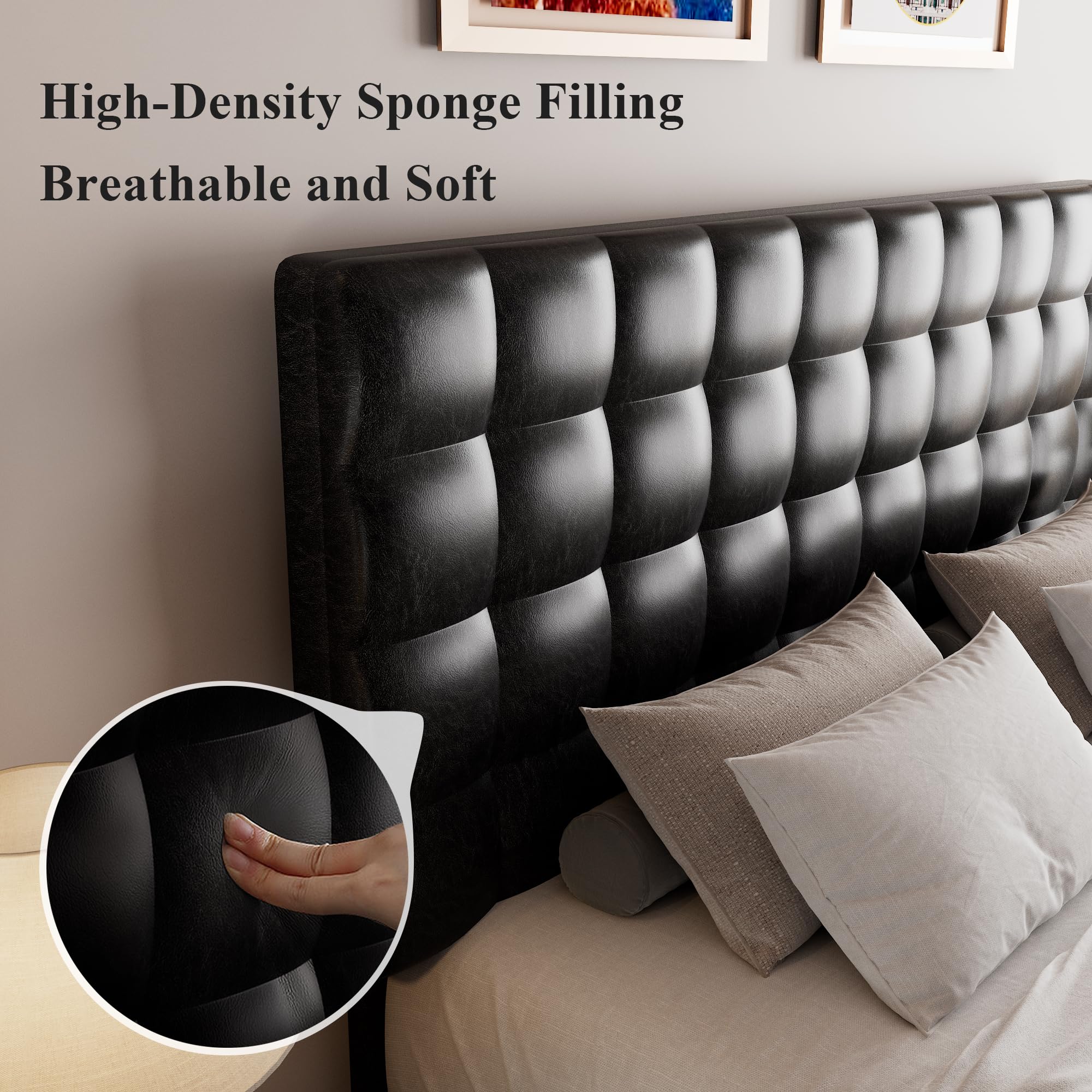 King Size Bed Frame with Square Stitched Headboard, Faux Leather