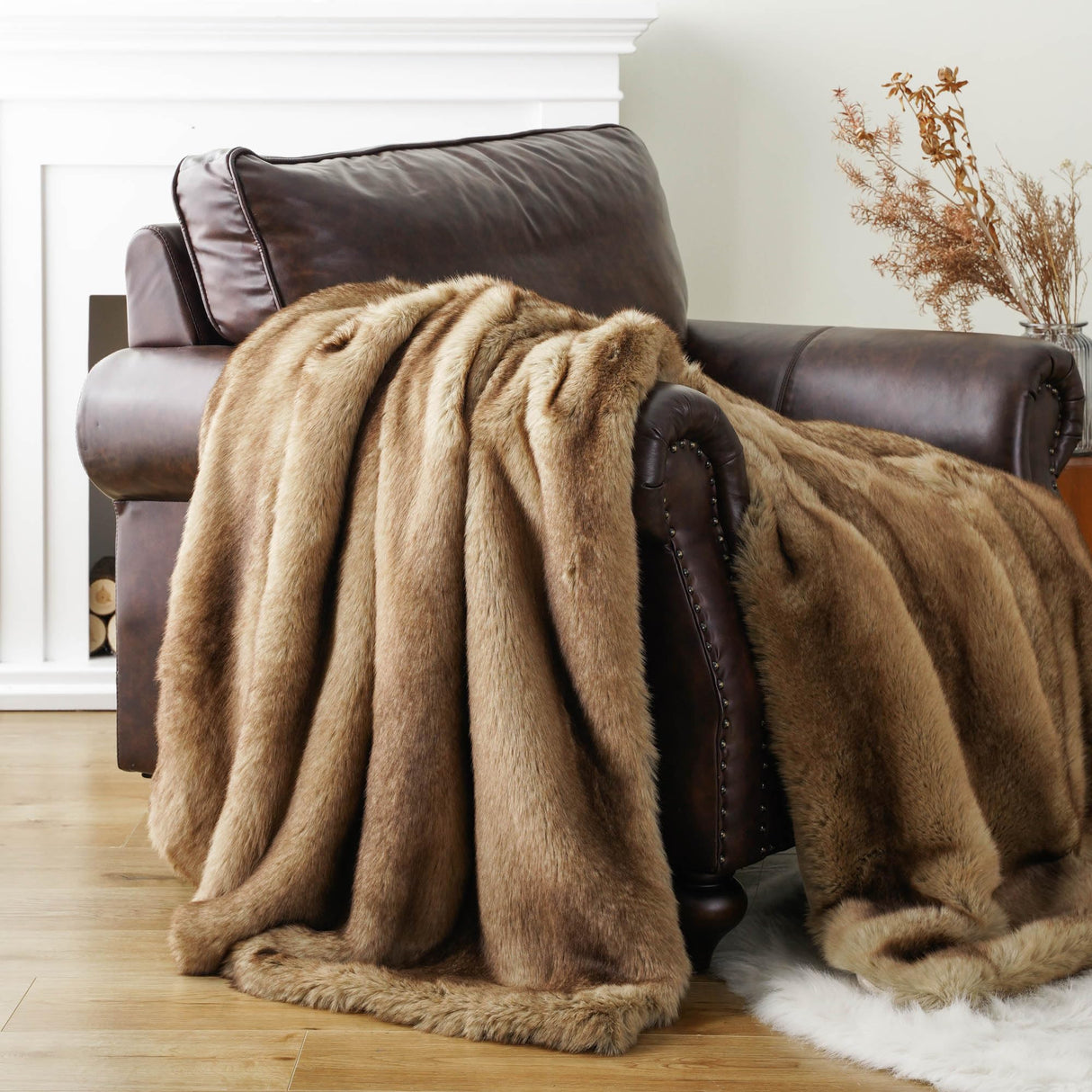 Luxury Camel Faux Fur Throw Blanket, Soft Cozy Warm Mink Fur Blanket for Bed