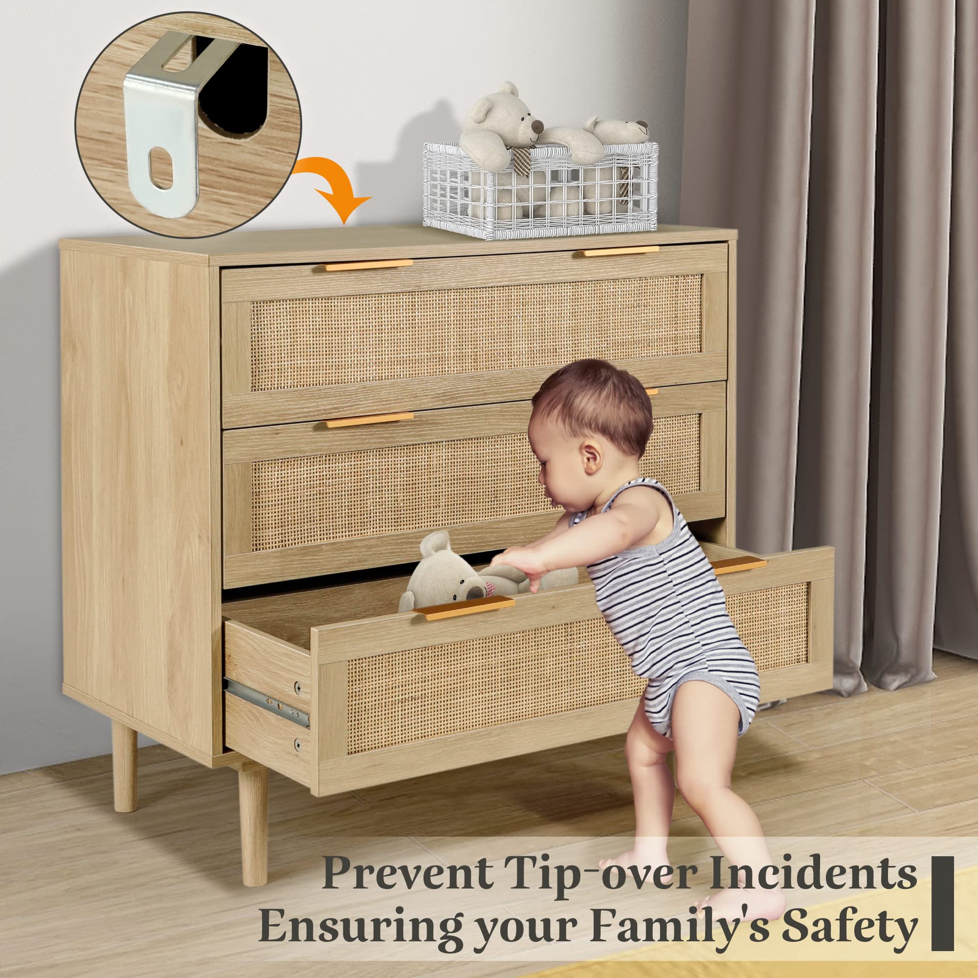 3 Drawer Dresser for Bedroom, Rattan Dresser Modern Closet Dressers Chest of Drawers