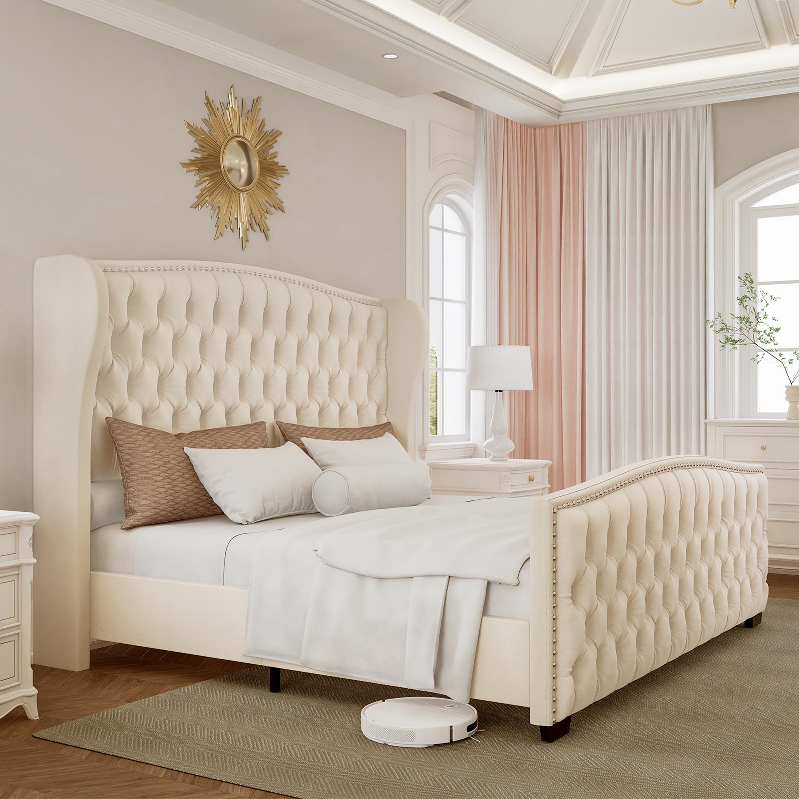 Queen Platform Bed Frame with Wingback Headboard, Velvet Upholstered Bed Frame