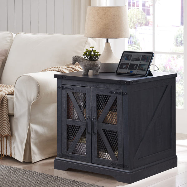 Farmhouse End Table, 24" Large Sofa Side Table with Charging Station, Mesh Barn Door, and Adjustable Storage Shelf