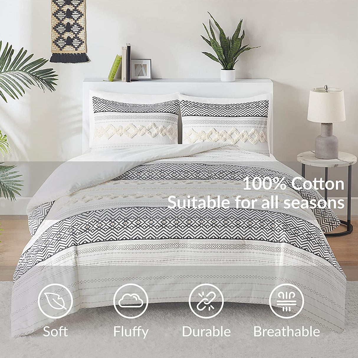 Farmhouse Bedding Comforter Sets King, Ivory Boho Bed Set,Cotton Top with Modern Neutral Style Clipped Jacquard Stripes