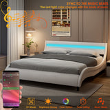 Modern Upholstered Platform Bed Frame with LED Lights and Curved Headboard, Faux Leather