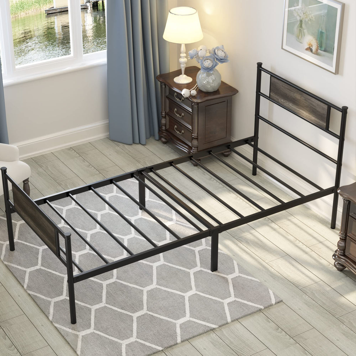 Twin Bed Frame with Headboard, 12.7 Inch Metal Platform Bed Frames No Box Spring