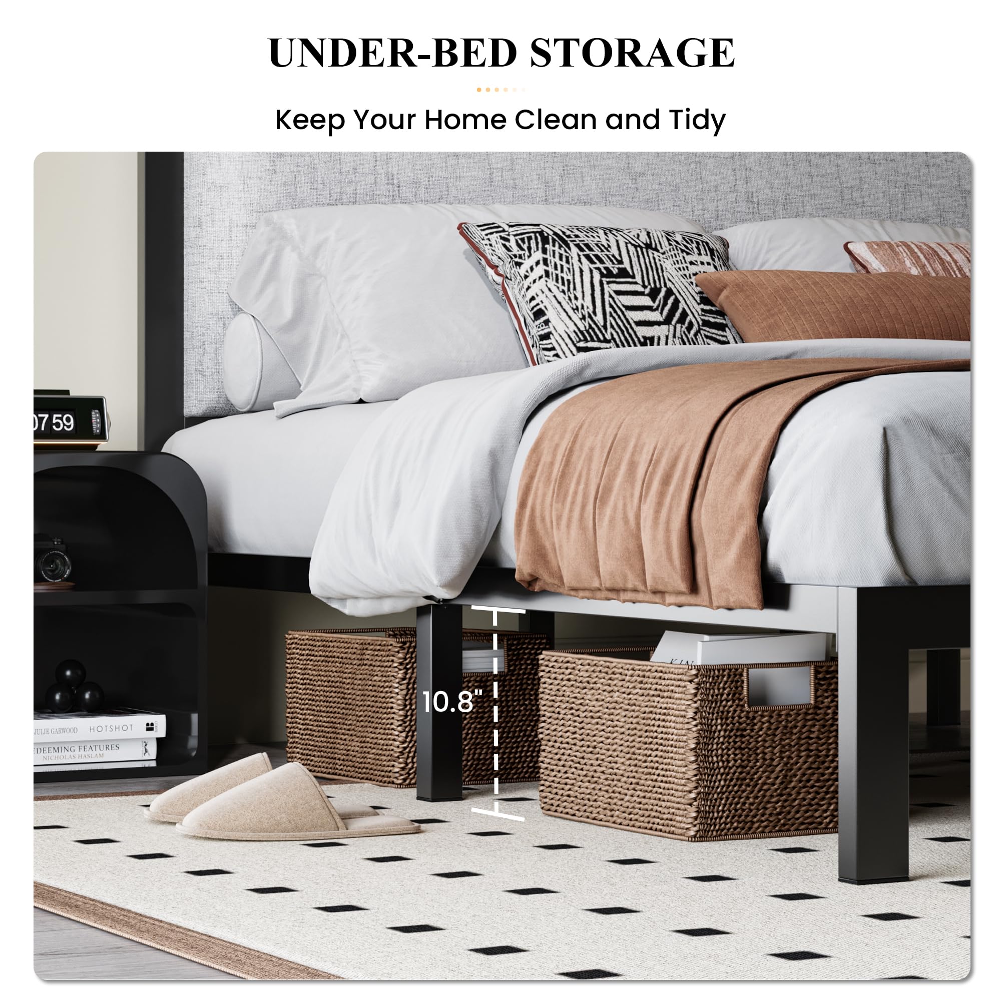 Queen Bed Frame with Tall Upholstered Headboard, Metal Structure, Wood Slat Support