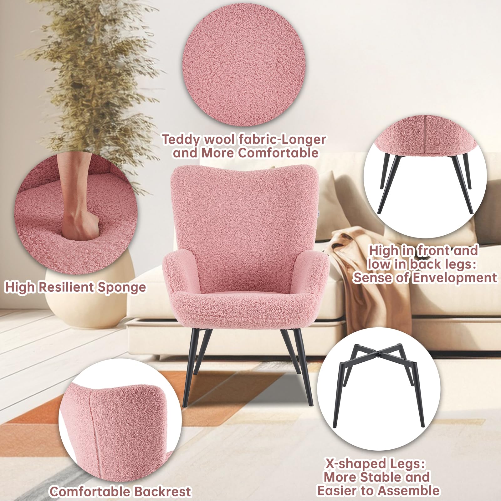 Boucle Fabric Pink Modern Accent Armchair for Living Room