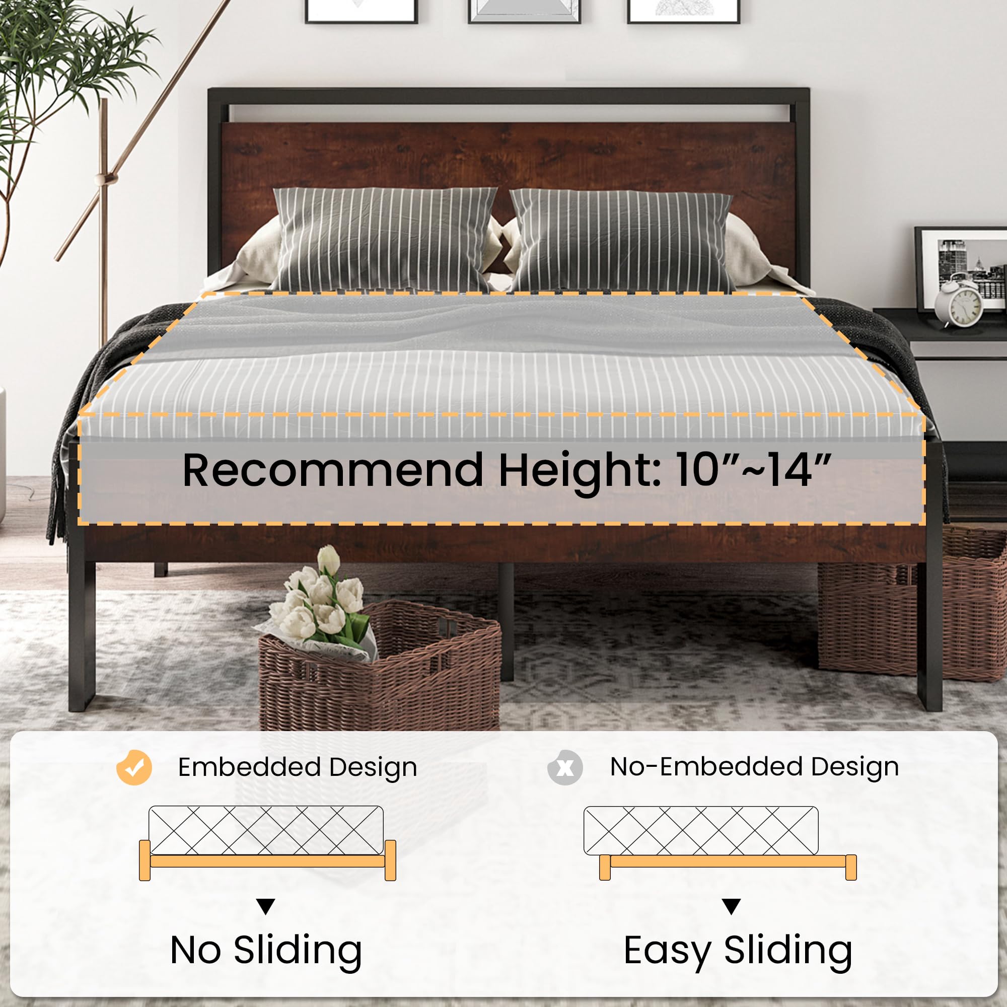 14 Inch Full Size Metal Platform Bed Frame with Wooden Headboard and Footboard