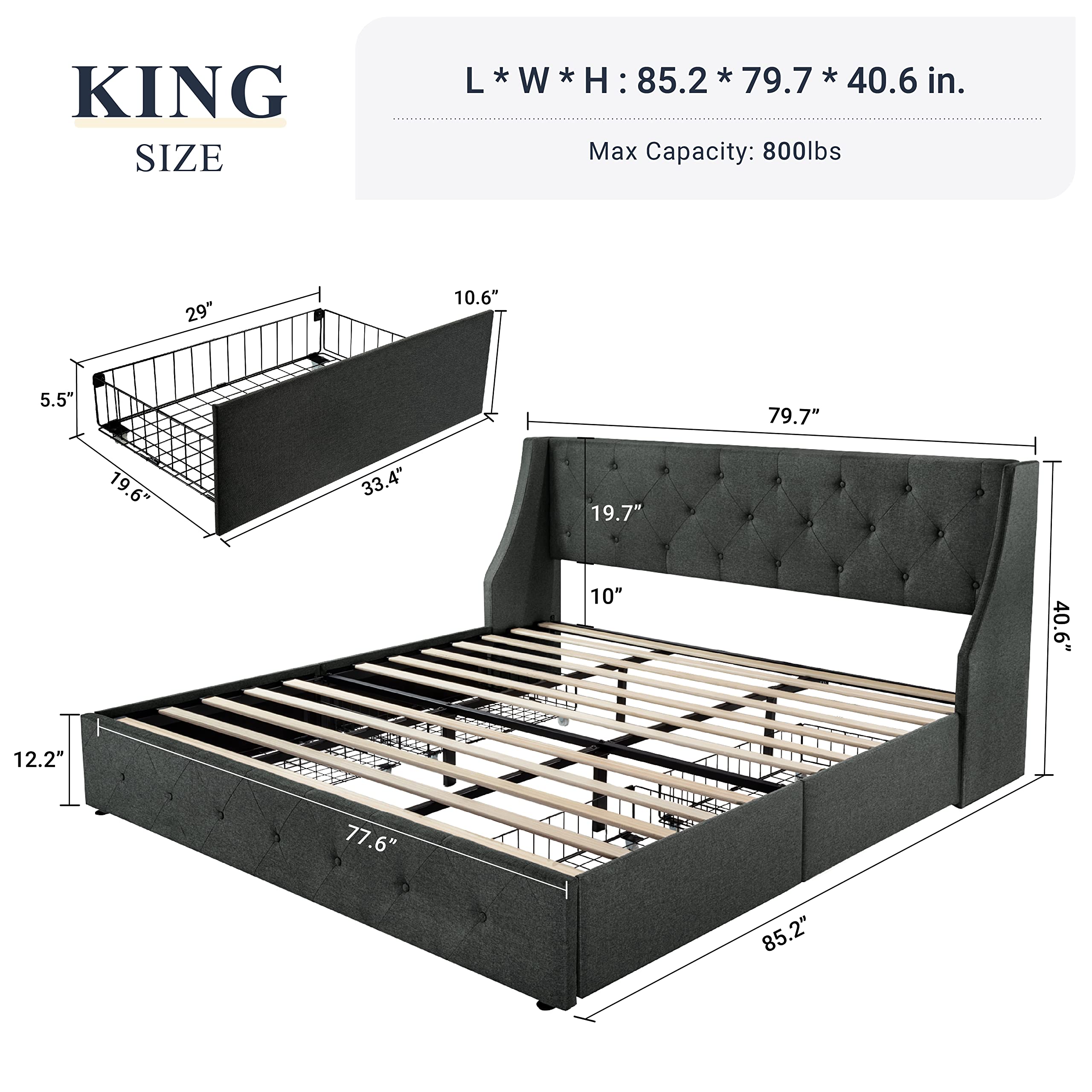 King Size Bed Frame with 4 Storage Drawers and Wingback Headboard
