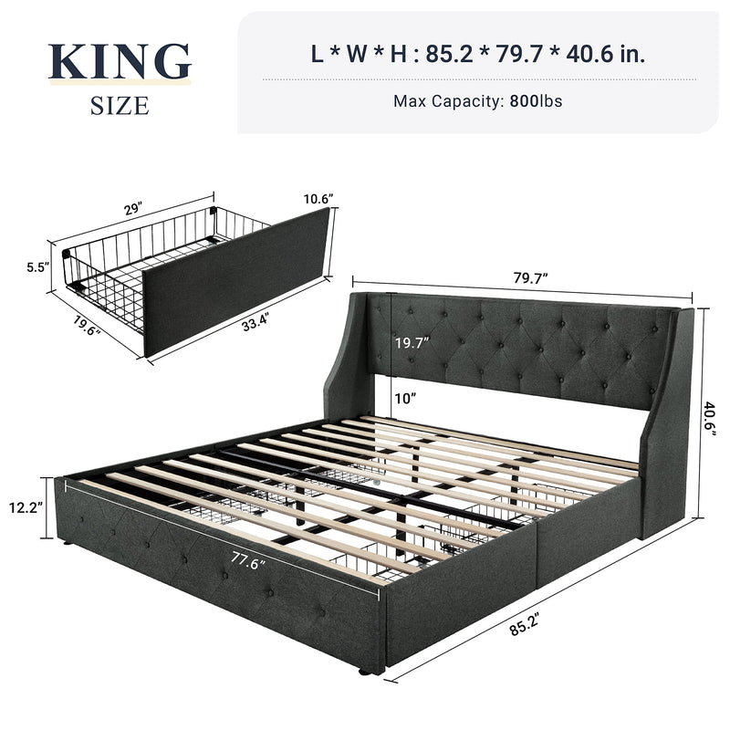 King Size Bed Frame with 4 Storage Drawers and Wingback Headboard, Button Tufted Design