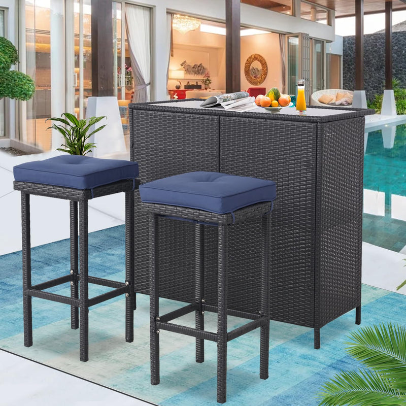 3 Piece Outdoor Rattan Wicker Bar Set with 2 Cushions Stools and Glass Top Table Patio