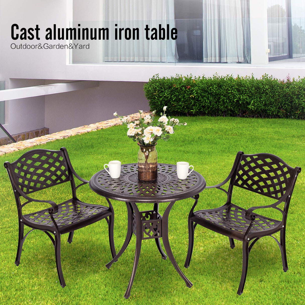 31” Round Cast Aluminum Dining Table, Outdoor Patio Retro Bistro Table