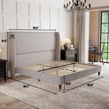 Queen Platform Bed Frame 51.2" High Headboard Linen Tall Upholstered Bed/No Box