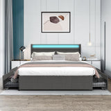 Queen Bed Frame with RGBW LED Lights, Upholstered Headboard & 4 Storage Drawers