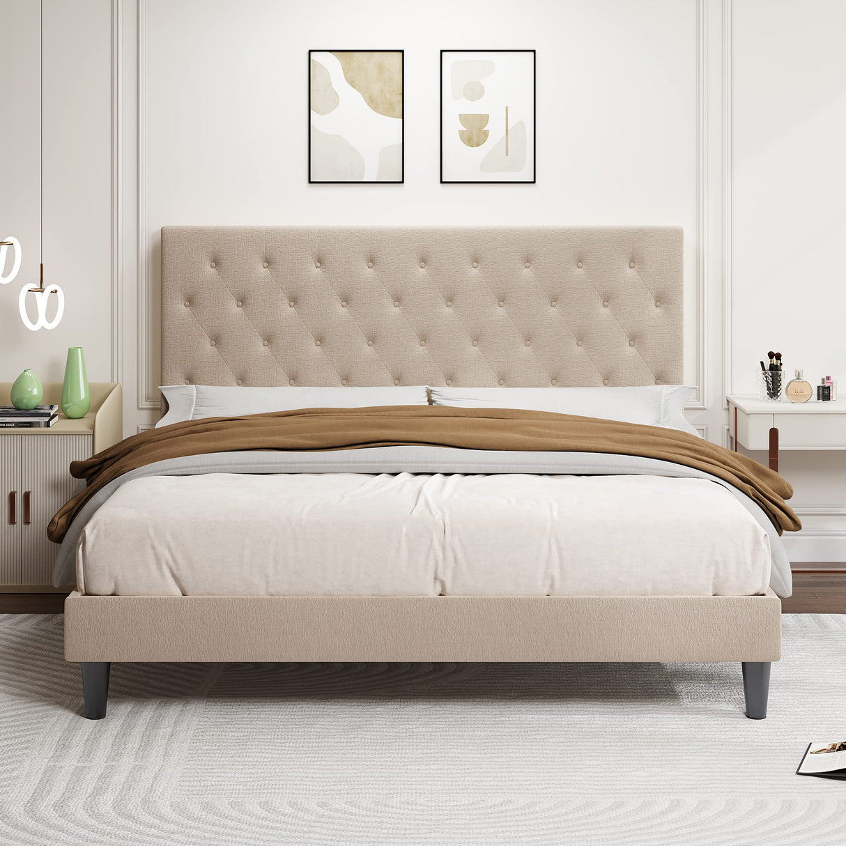 Queen Bed Frame with Adjustable Headboard/Diamond Stitched