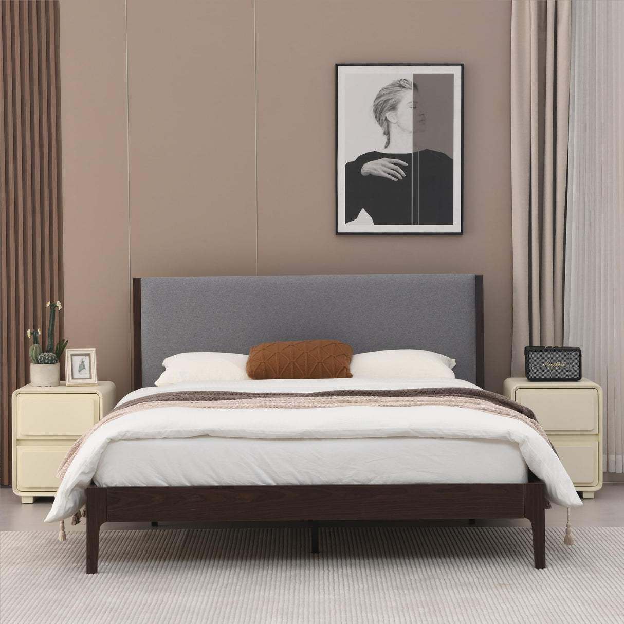 Solid Wood Upholstered Platform Bed Frame, Queen Size Bed Frame, Wood